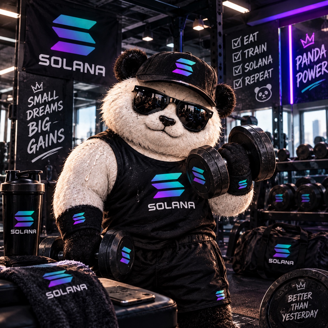 The Pansol panda lifting dumbbells in a Solana tank top and sunglasses
